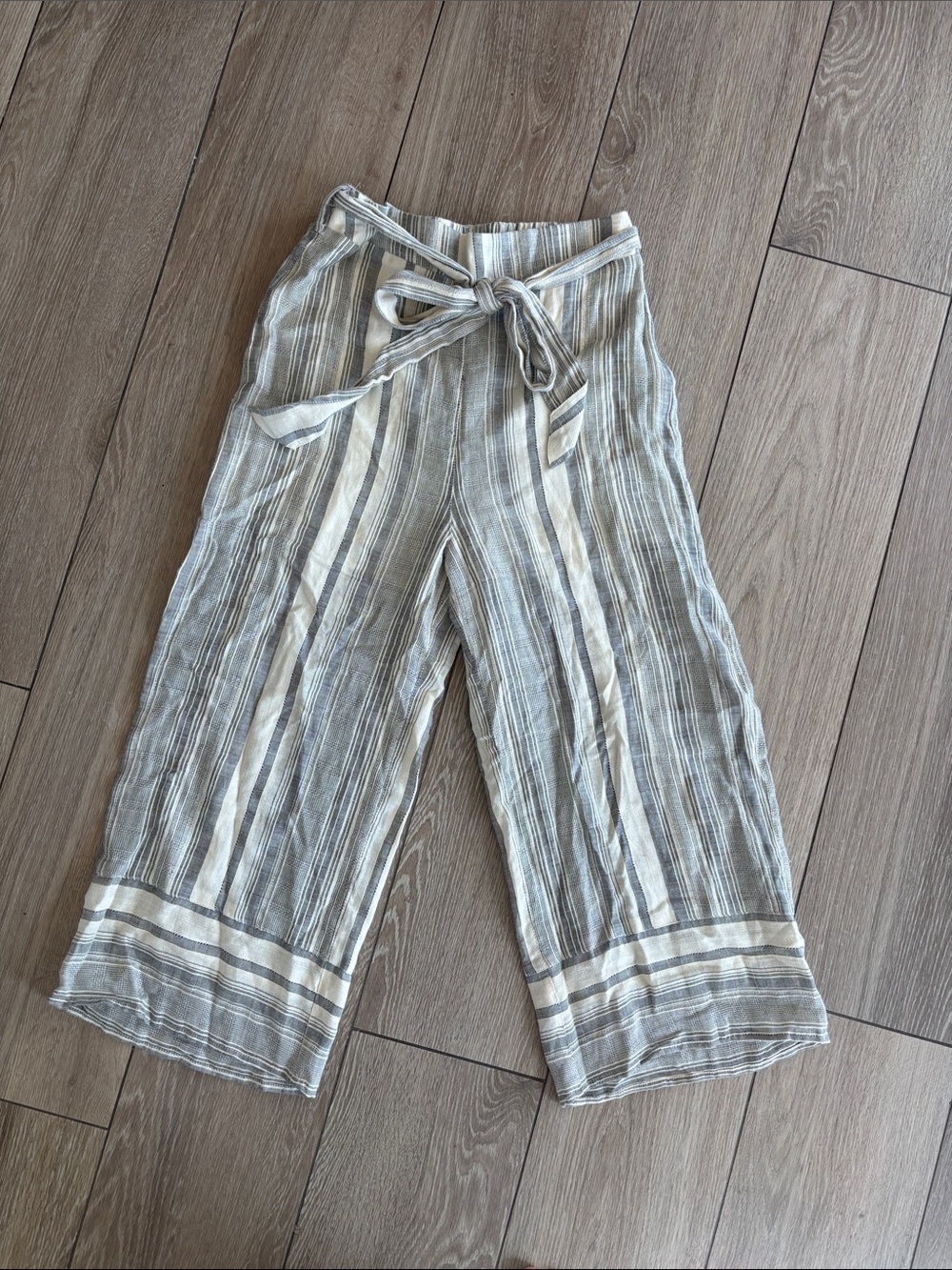 Striped Wide-Leg Linen Blend Pants in Light Gray & Cream